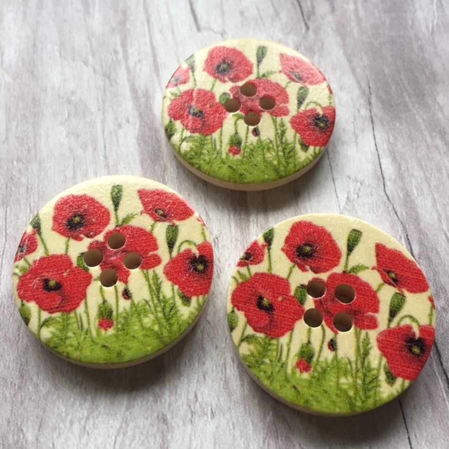 Wild poppies wooden buttons x6