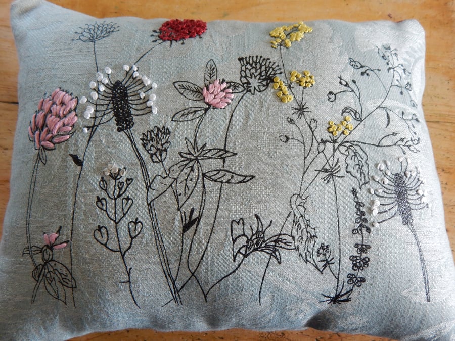 Wild flower clover cushion-  screen printed small cushion. 33cm x 26cm