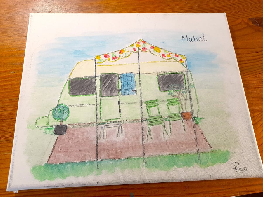Mabel - vintage caravan on canvas, 20 x 25 cm