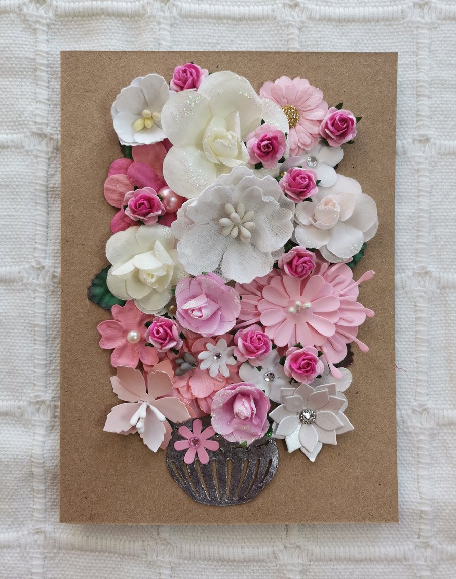 Pink & white flower keepsake card,  paper flowers, Greeting Card 