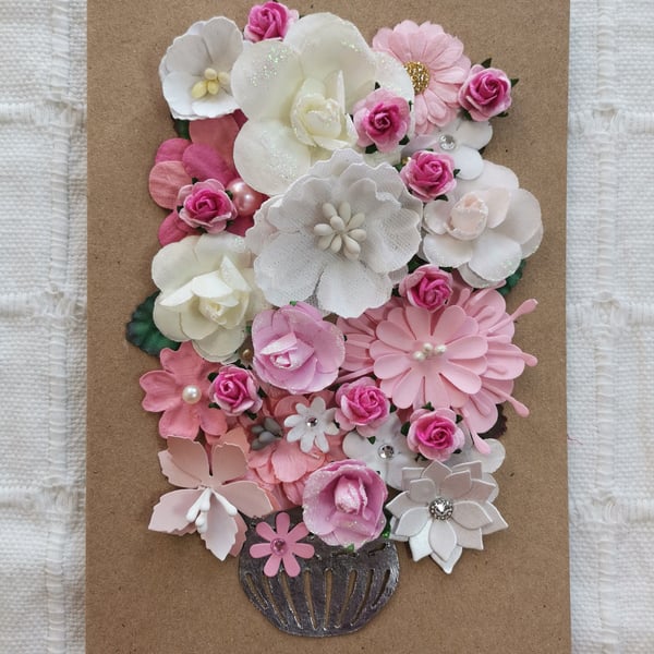 Pink & white flower keepsake card,  paper flowers, Greeting Card 