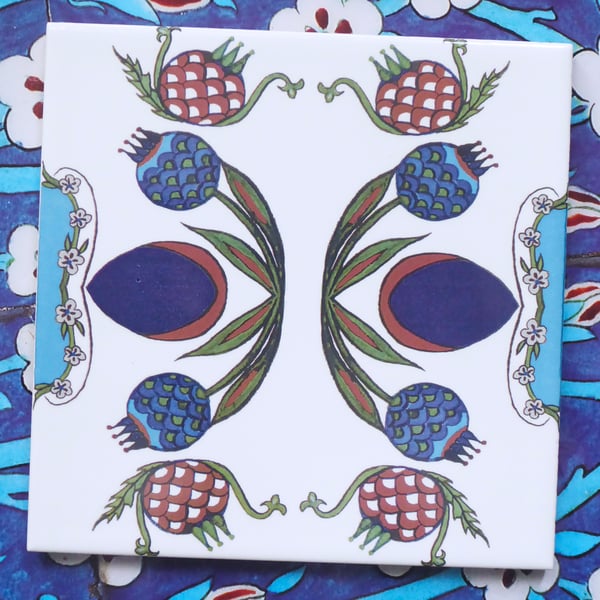 Ottoman Inspired Pomegranate Ceramic Tile Trivet with Cork Backing