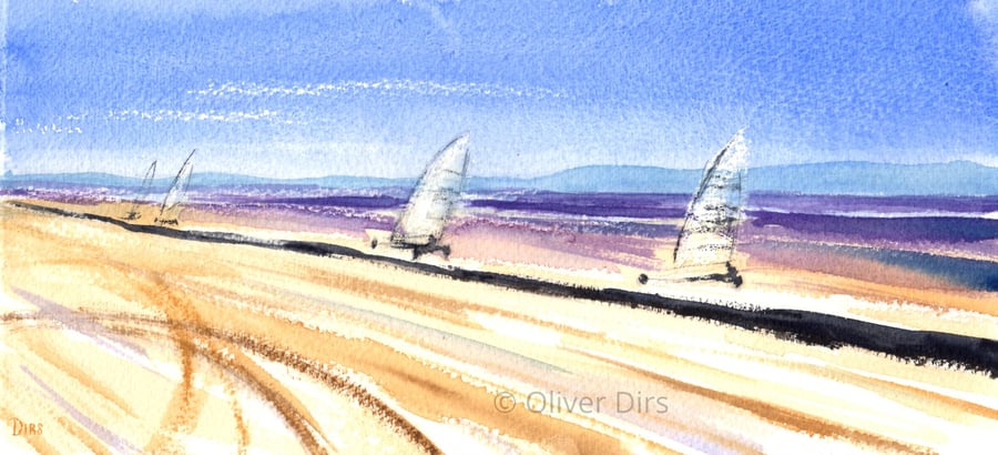 Land Yachting at Brean Sands – original watercolour, unframed