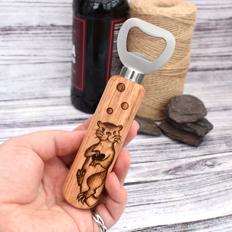 Otters! Hand burned pyrography bottle opener. Practical unusual cute gift.