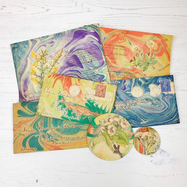 Marbled vintage envelopes and flower book ephemera 