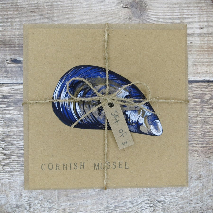 Set of 3 Cornish Mussel Cards - Risograph Print with Pen and Ink on Kraft Card