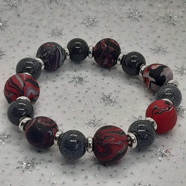 Red, black and silver polymer clay bracelet 