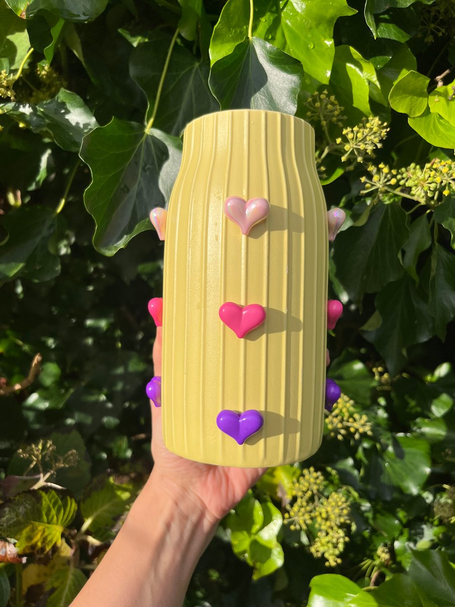 Yellow ceramic Vase with 3D Pink and Purple Hearts 