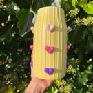 Yellow ceramic Vase with 3D Pink and Purple Hearts 