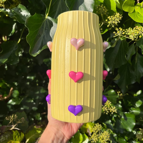Yellow ceramic Vase with 3D Pink and Purple Hearts 