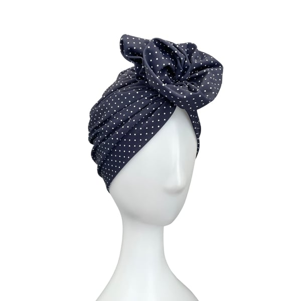 Large Rosette Navy SPF 50 Hair Care Turban Hat for Women, Soft Stretchy Jersey 