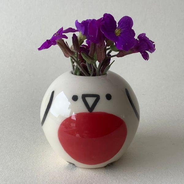 Small Wheel Thrown and Hand-Painted Ceramic Robin Bud Vase