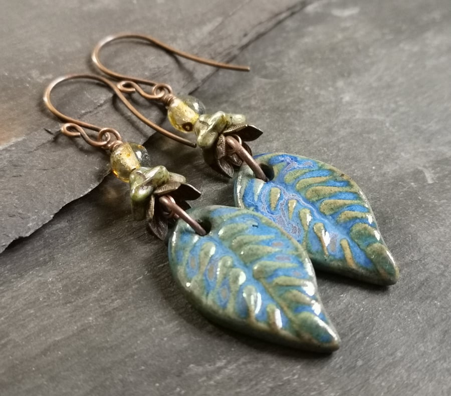 SALE Ceramic leaf charm earrings with copper ear wires and glass beads