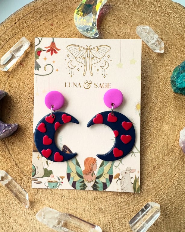 Moon heart Polymer Clay Earrings, Polymer Clay Earrings,