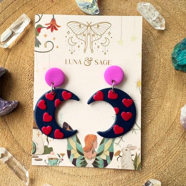 Moon heart Polymer Clay Earrings, Polymer Clay Earrings,