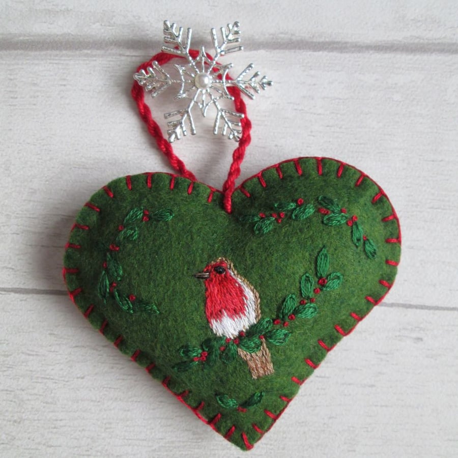 SOLD 2021 Hand Embroidered Festive Keepsake Heart No. 4 - Robin & Holly on Green