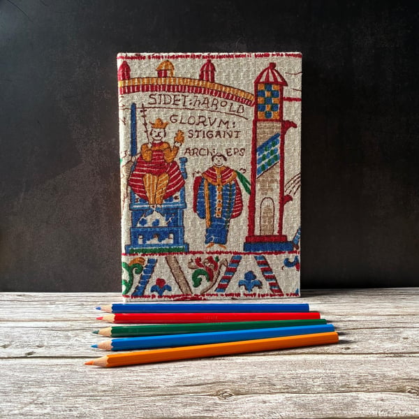 Bayeux Tapestry Handstitched A5 1950s Fabric Journal Notebook Harold Rex Yellow