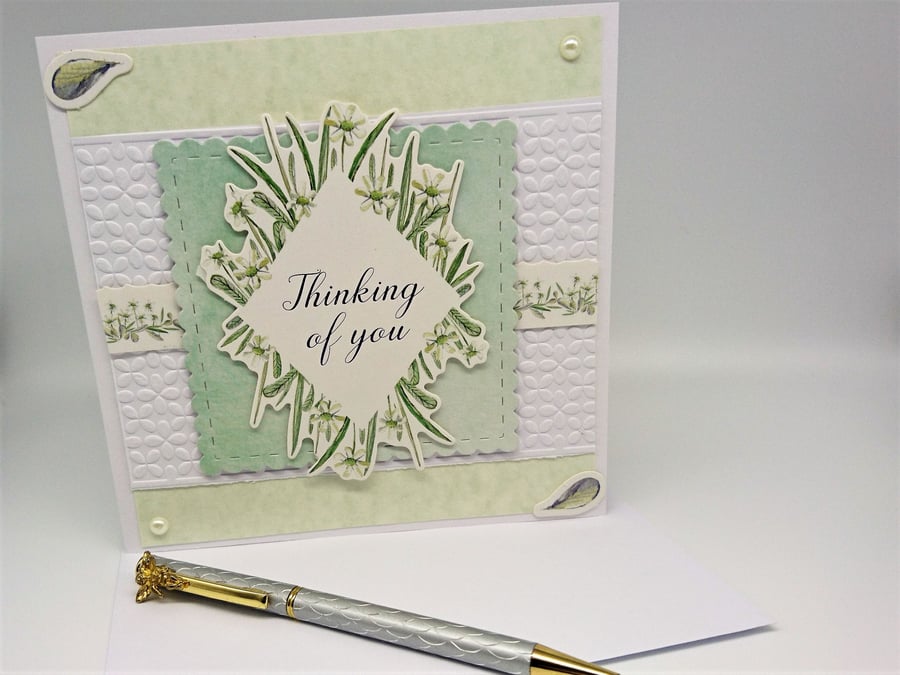 Sympathy Card Thinking of You Calming Pale Greens plus Pearl Gems.FREE P&P U.K. 