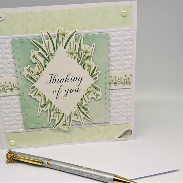 Sympathy Card Thinking of You Calming Pale Greens plus Pearl Gems.FREE P&P U.K. 