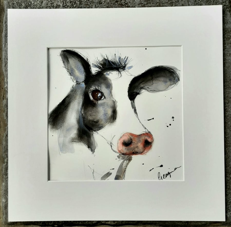 Cow Gift  Painting. Black and White. Ready to Frame