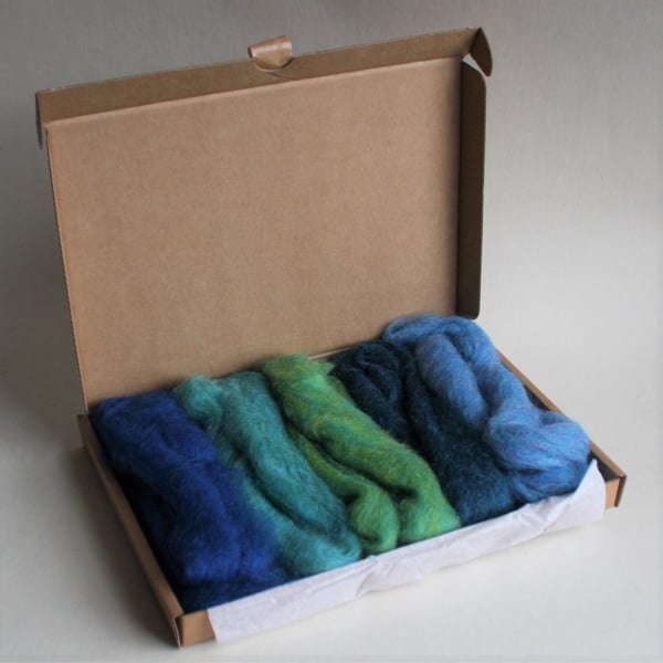 Carded Corriedale wool slivers selection - "blues" letterbox pack
