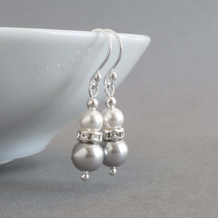 Silver Pearl and Crystal Earrings - Light Grey Drop Earrings - Wedding Jewellery