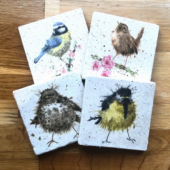 Set of Four Bird Natural Stone Coasters