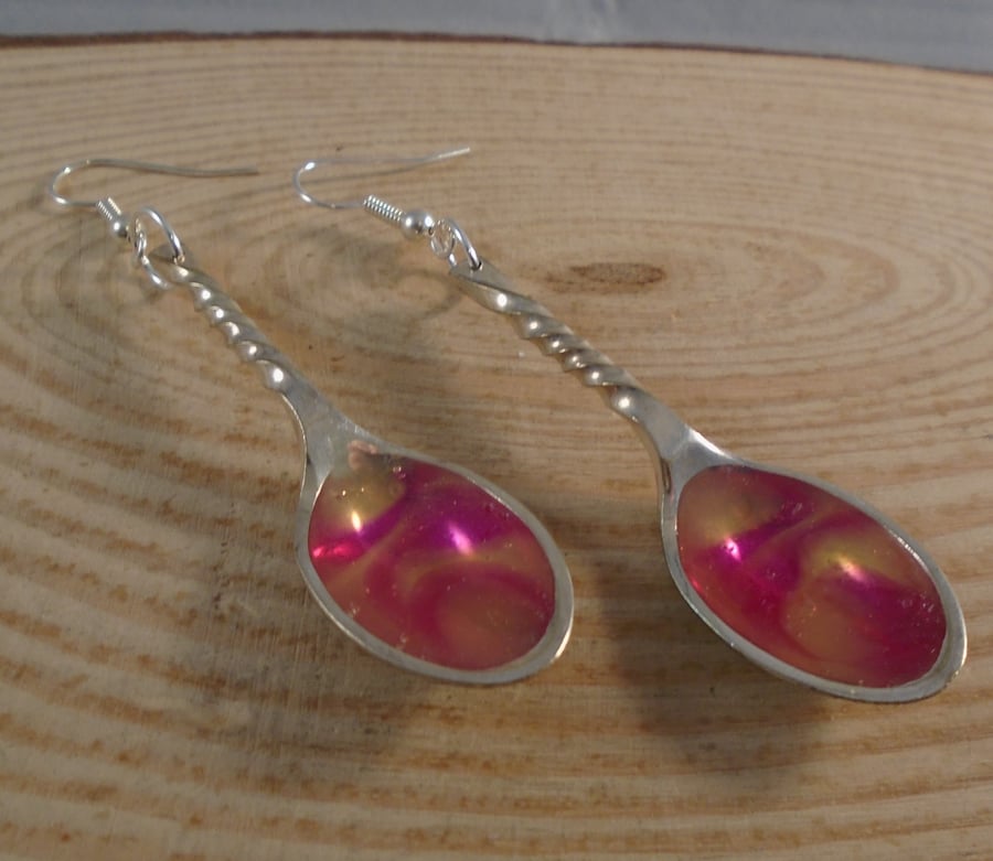 Upcycled Silver Plated Sugar Tong Spoon Pink and Yellow Drop Earrings SPE051902