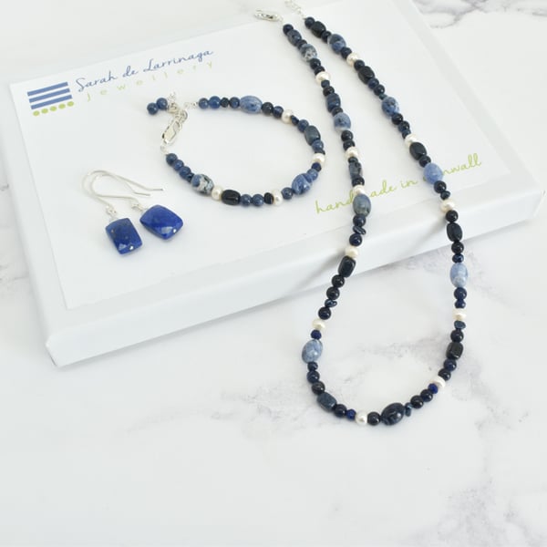 Lapis Lazuli, Dumortierite, Sodalite and Pearl Necklace