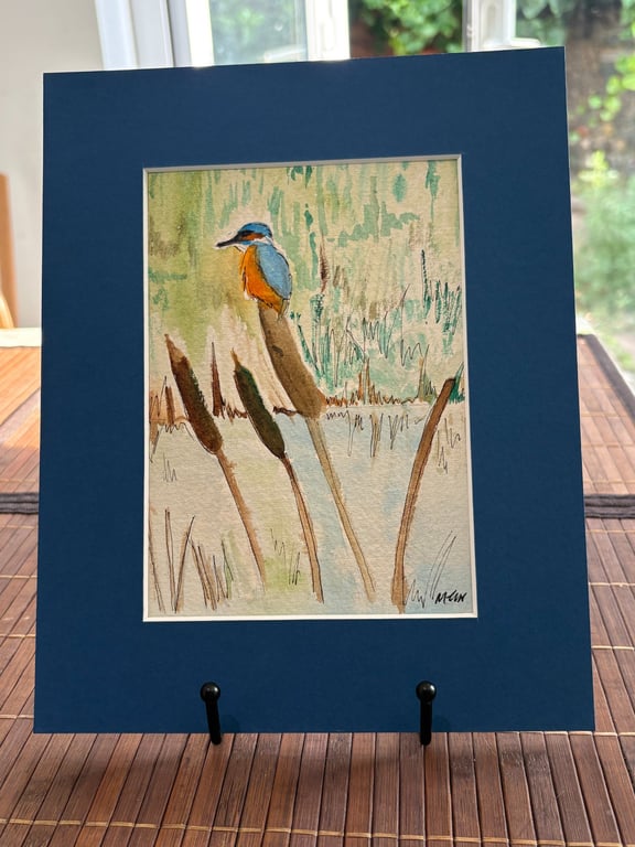 Kingfisher On Reeds Original Watercolor 