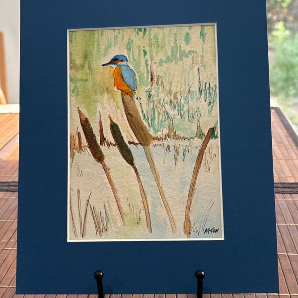 Kingfisher On Reeds Original Watercolor 