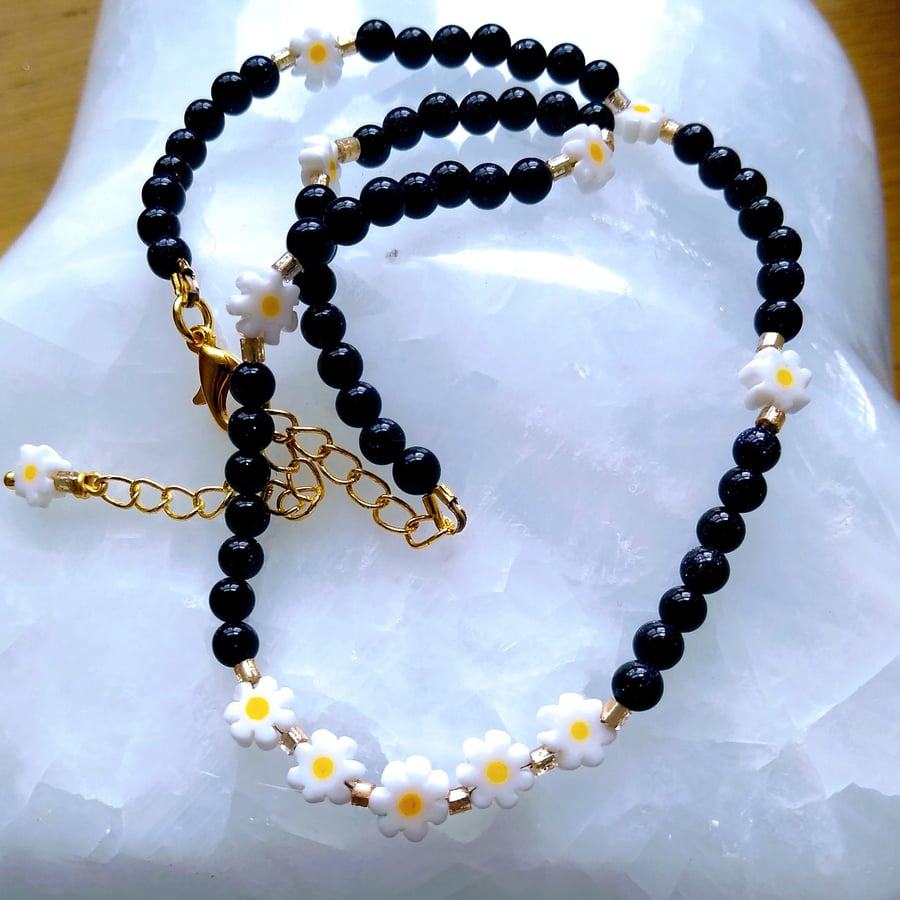 Midnight Blue Daisy Chain Goldstone 14 - 16 Inch Glass Beaded Necklace