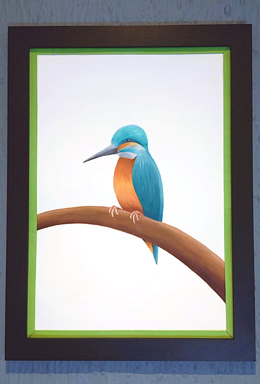 Handmade Unique Framed A3 Print Colourful Kingfisher Light Green Border Wallart