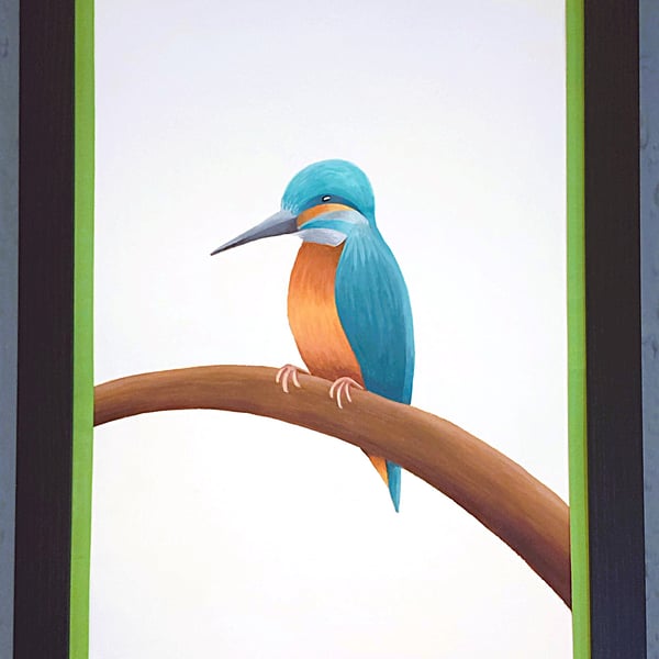 Handmade Unique Framed A3 Print Colourful Kingfisher Light Green Border Wallart