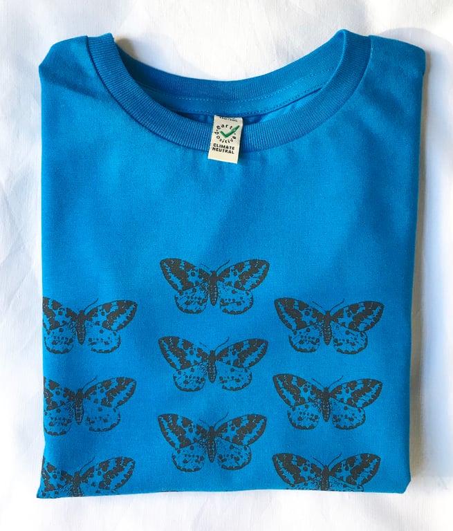 Moths childrens organic cotton bright blue T shirt hand printed