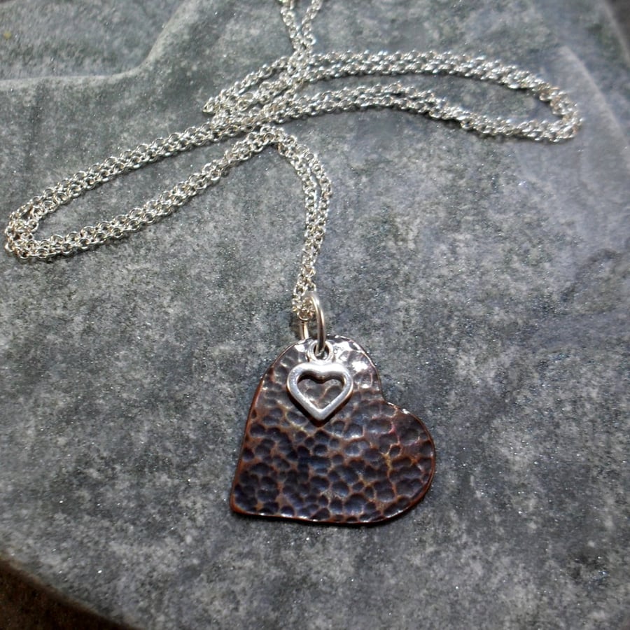 Heart Pendant Oxidised Copper and Sterling Silver