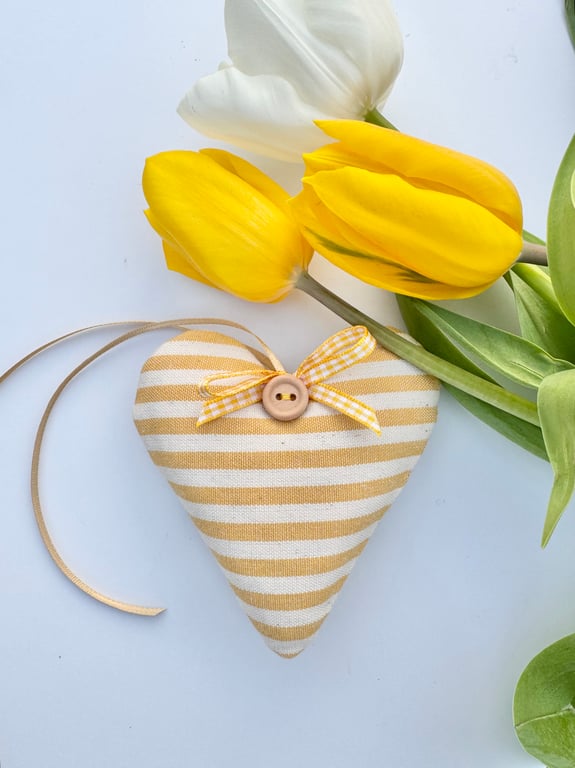 SAFFRON YELLOW STRIPED FABRIC HEART DECORATION