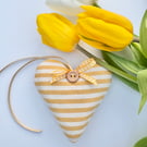 SAFFRON YELLOW STRIPED FABRIC HEART DECORATION