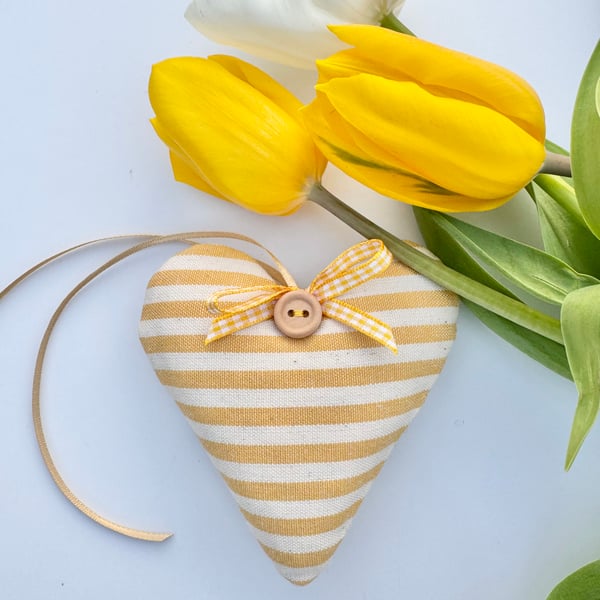 SAFFRON YELLOW STRIPED FABRIC HEART DECORATION