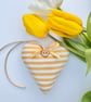 SAFFRON YELLOW STRIPED FABRIC HEART DECORATION