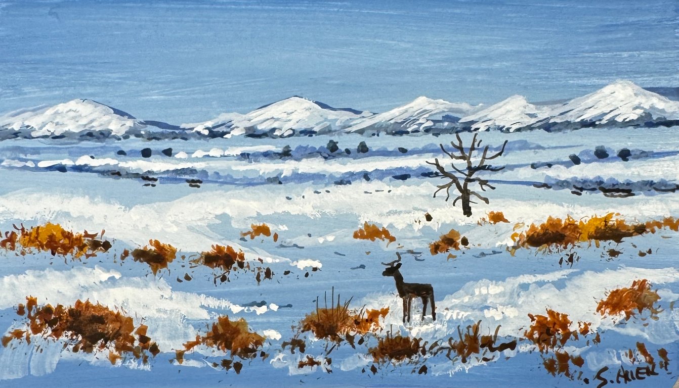 Original Aceo Painting ‘ Deer in Winter  ‘ by Stephen Allen 