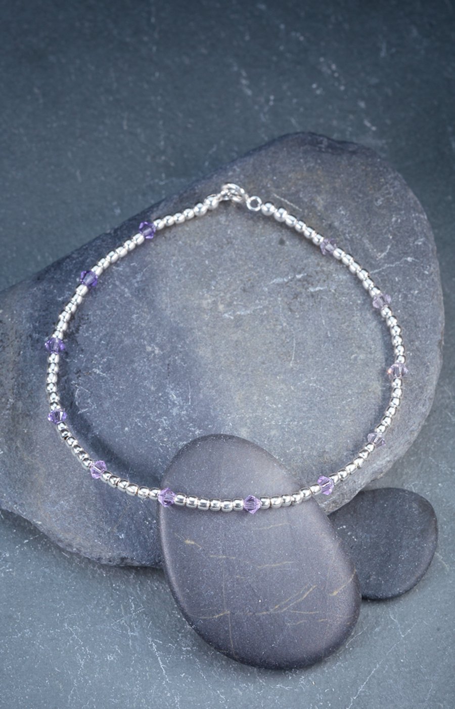 Sale-dainty sterling silver bracelet with lavender Swarovski beads