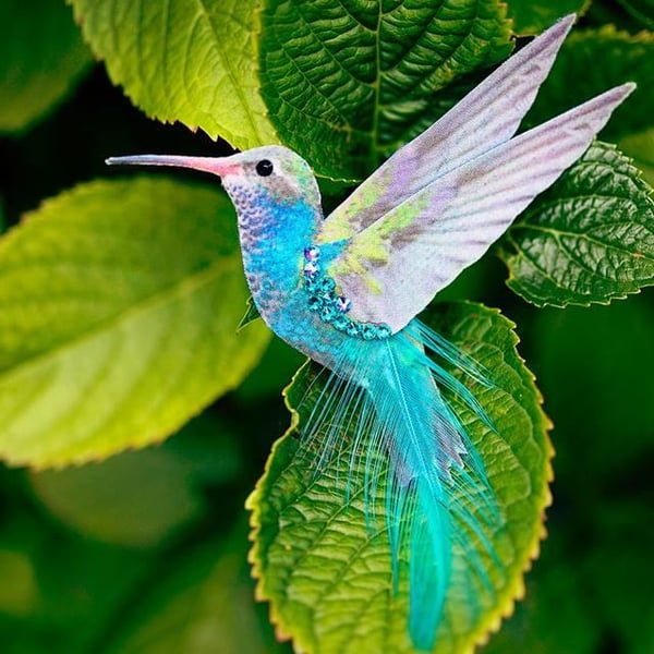 Silk Hummingbird hair clip with Swarovski Crystal. Choice of blue or pink.