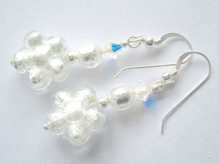  Murano glass silver flower earrings with Swarovski and sterling silver.