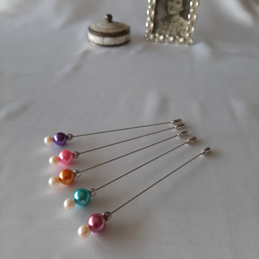 Coloured Pearl Bead Hat Pin - Mid-range Shades