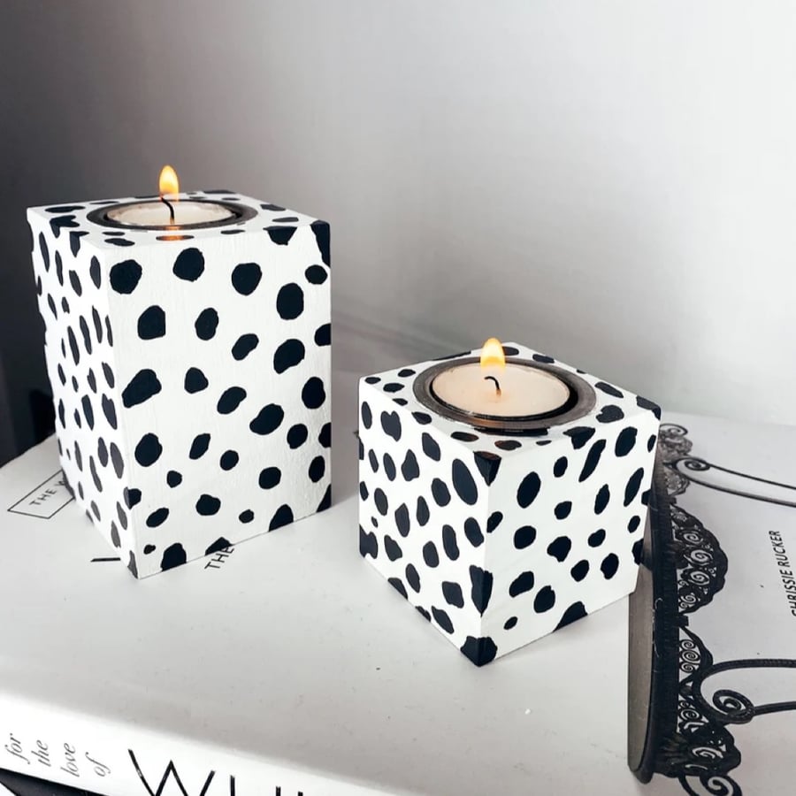 A Pair Of Dalmatian Print Block Candle Holders 