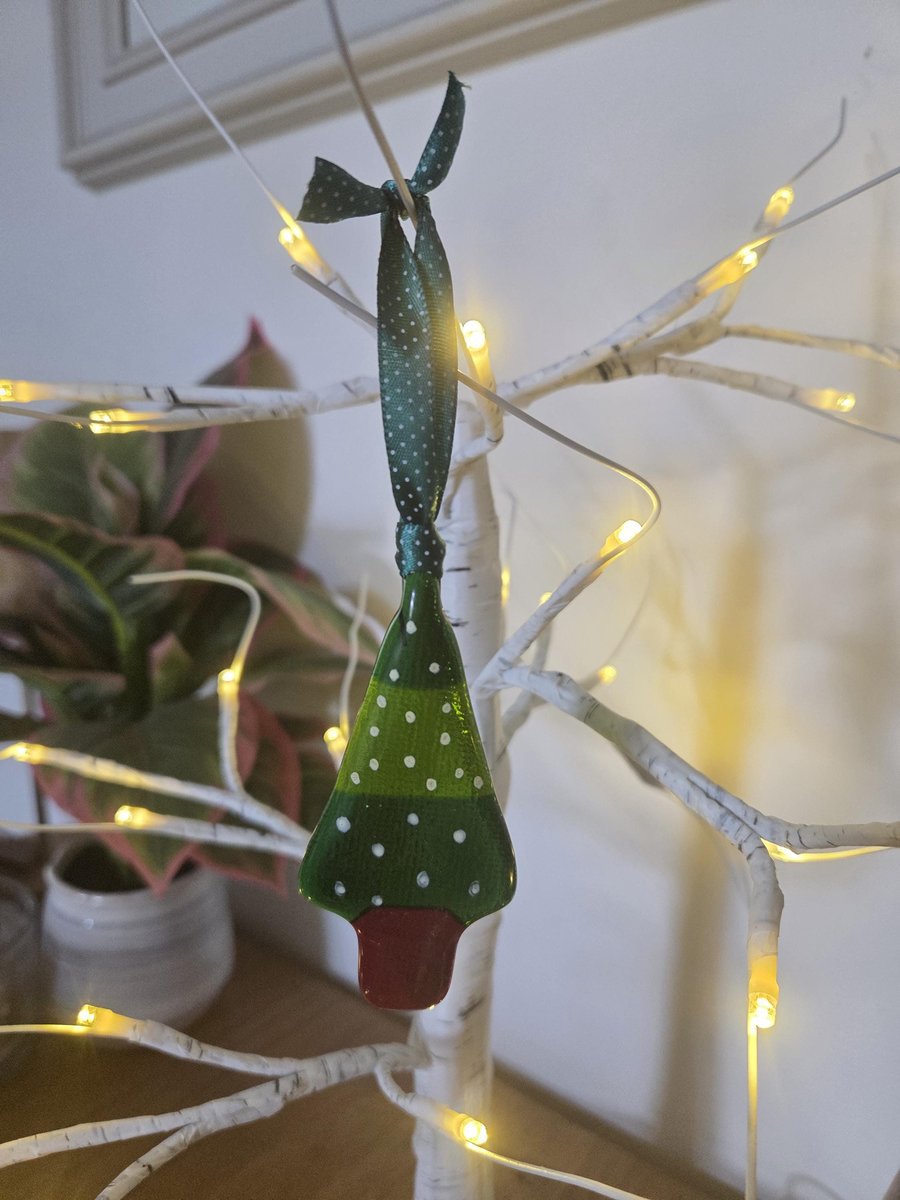 Snowy Christmas tree fused glass hanging ornament, festive window decoration