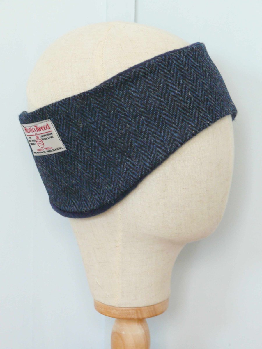 Harris Tweed Headband. Navy , Black Herringbone Harris Tweed.