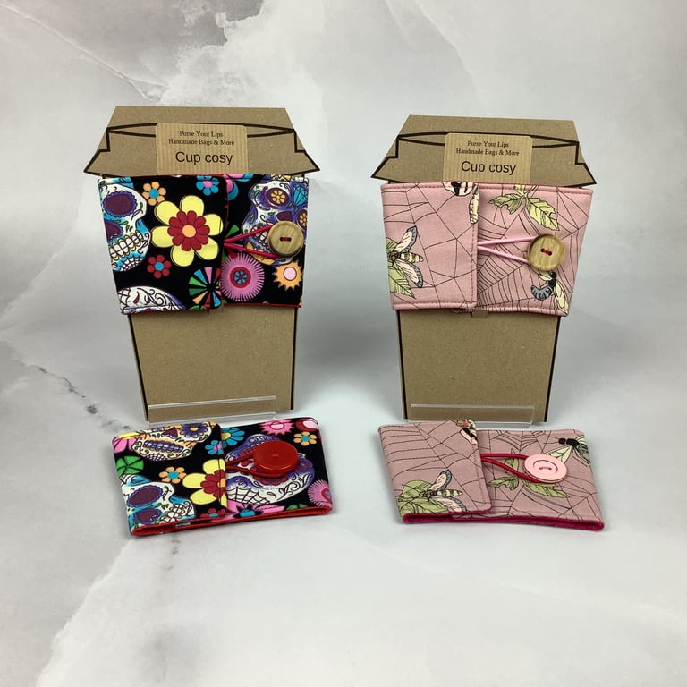 Candy skulls cup cosy, Gothic cup cozy, Mug sleeve, 2 options, Handmade