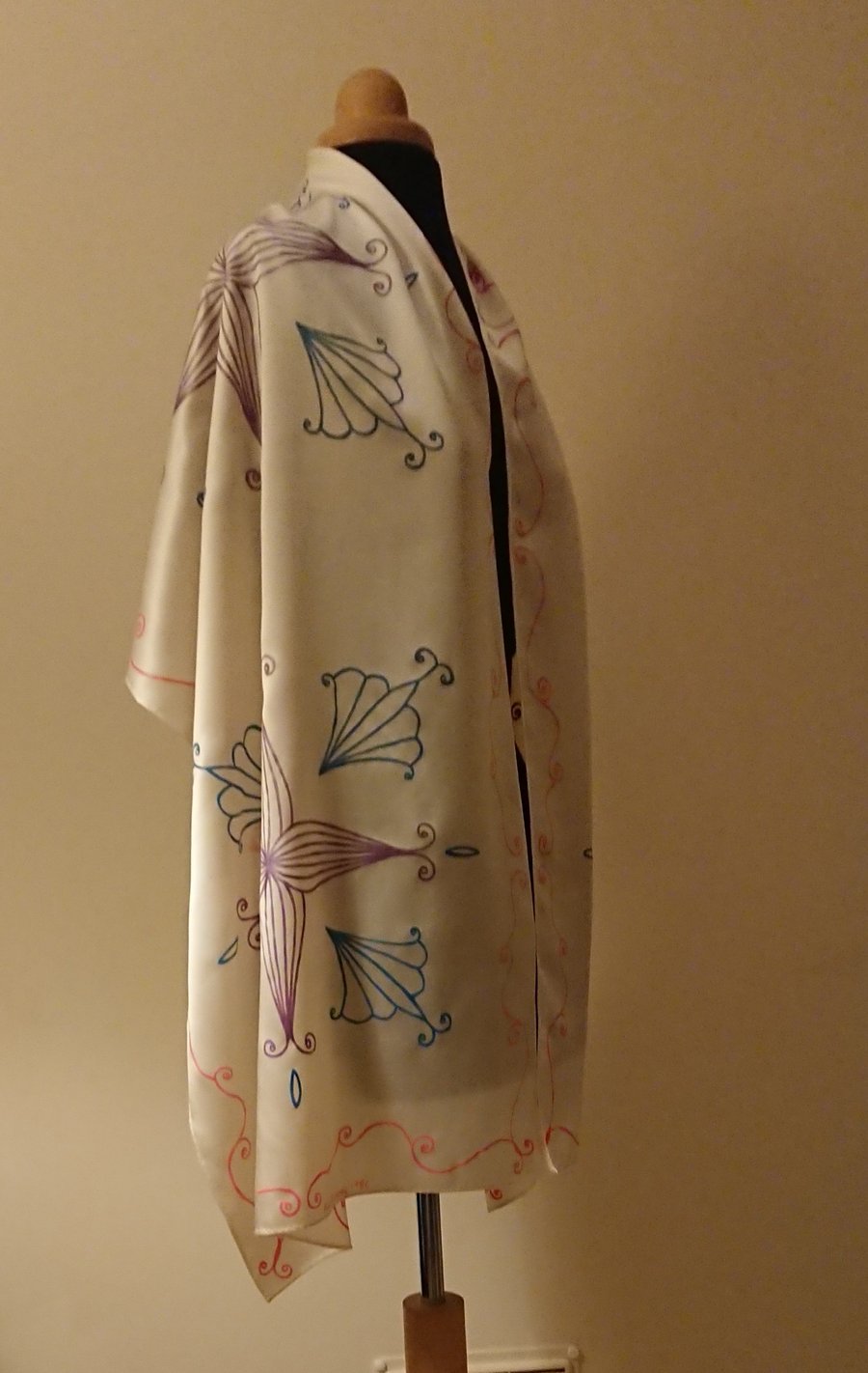 Imperfect White handmade silk stole with unique pink purple blue handpainting